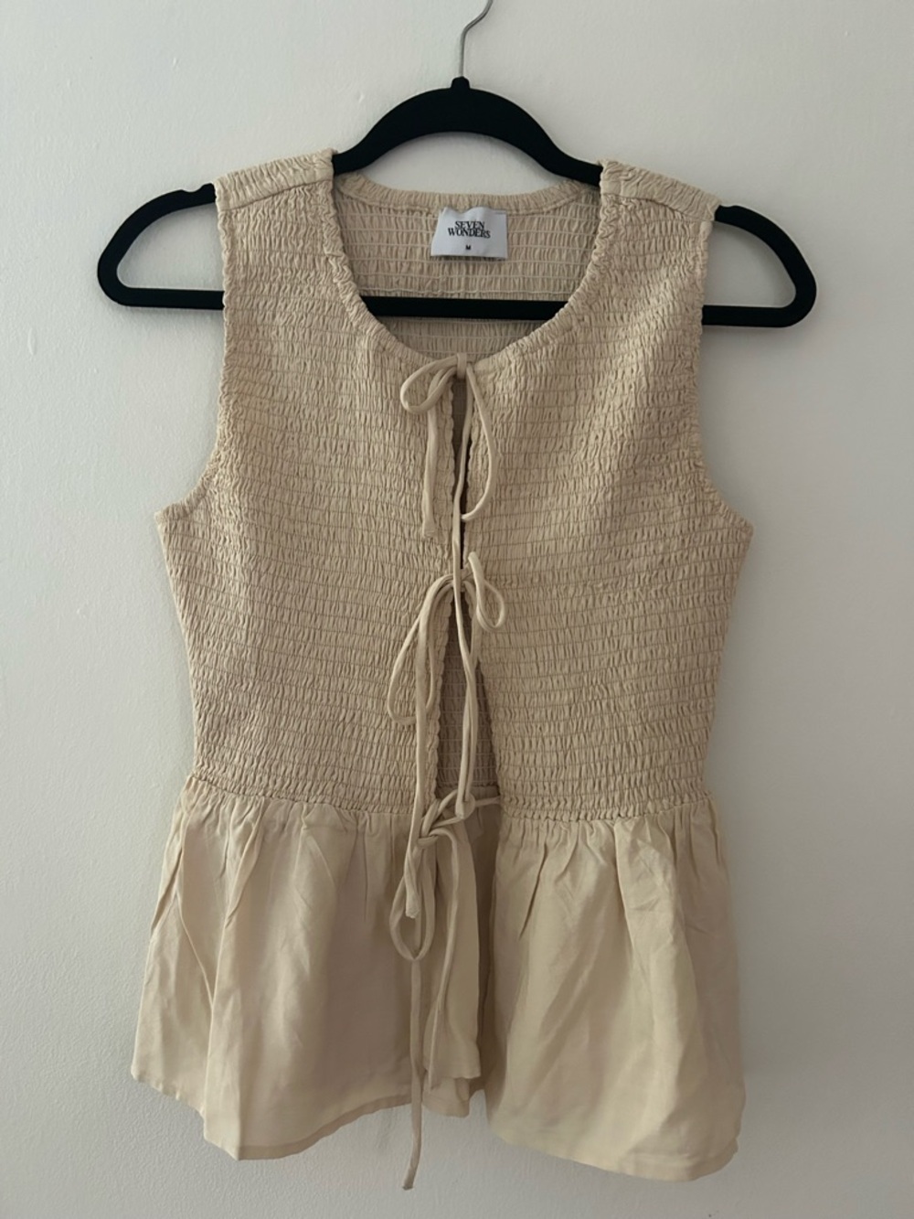 Revolve Seven Wonders Fleur Shirred Tie Front Top in Sand Size Medium - Picture 4 of 8